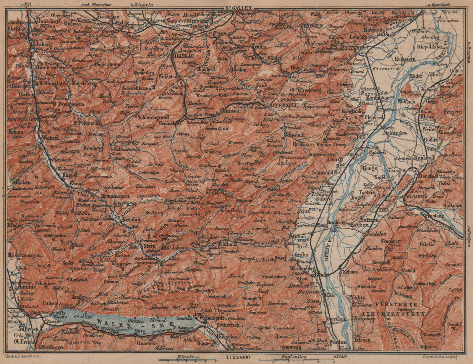 APPENZELL CANTON. Wildhaus Unterwasser St. Gallen Trogen Walensee 1899 old map